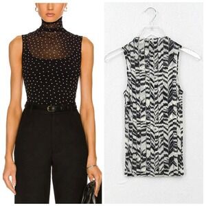 ENZA COSTA Mesh Sleeveless Mock Neck Top Womens Small Black White Printed Sheer